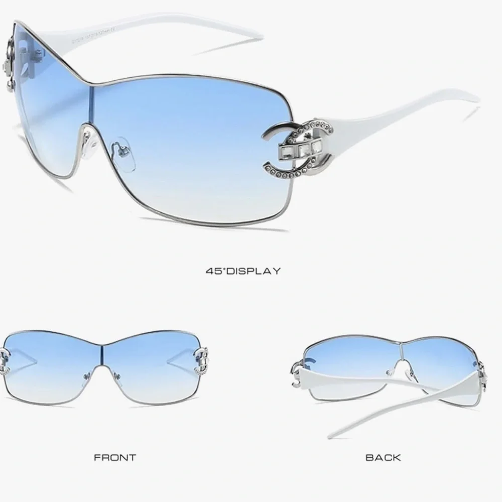 Blue Y2K rhinestone sunglasses with ombré lenses and white arms